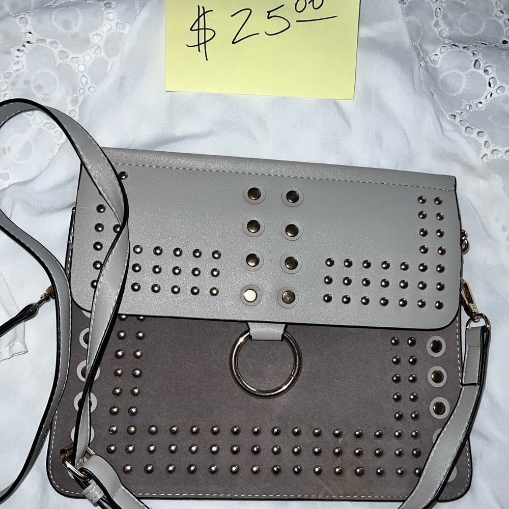 Medium size pleather purse with strap, three compartments +wallet security chain